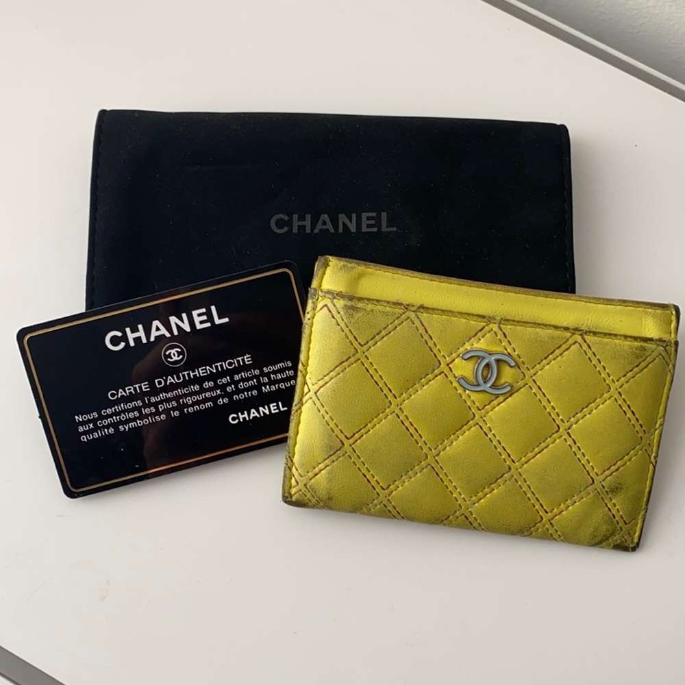 Yellow Quilted Lambskin Leather Card Holder